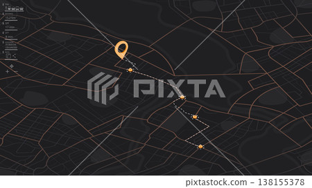 City map with route from one point to marked by line. Route and information about the streets and distances to marker. Detailed map of city, legend is included in the map. Vector Illustration City map with route from one point to marked by line. Route and information about the streets and distances to marker. Detailed map of city, legend is included in the map. Vector Illustration 138155378