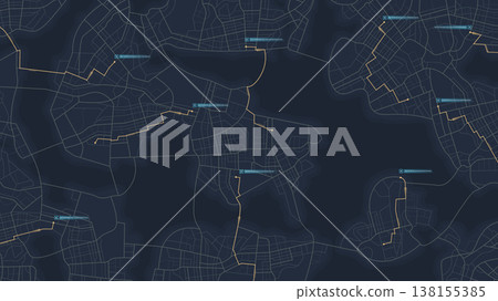 Routes with data of trip. Huge city map with roads streets as background. Map of city in dark blue colors. Vector illustration Routes with data of trip. Huge city map with roads streets as background. Map of city in dark blue colors. Vector illustration 138155385