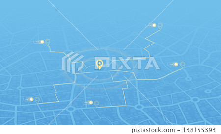 Location tracker dashboard with data of arrive time. City street road with pins on map and alternative ways. Isometric street roads and location, vector background. Huge city view Location tracker dashboard with data of arrive time. City street road with pins on map and alternative ways. Isometric street roads and location, vector background. Huge city view 138155393