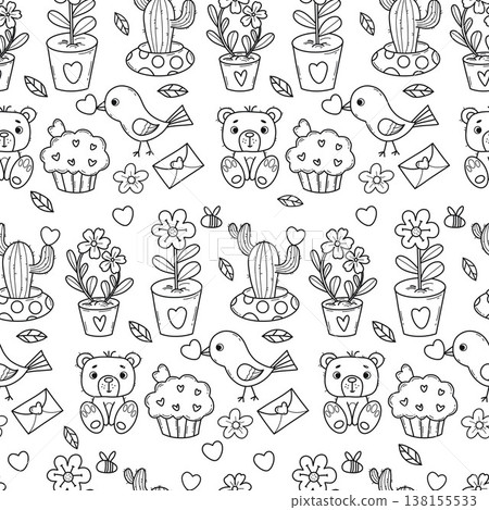 Romantic Love Seamless Doodle Pattern. Black Line Art Potted Flowers, Cactus, Bears, Bird, Cupcake and Letter on White Background. Vector Hand Drawn Illustration. Valentine Day Holiday Template Romantic Love Seamless Doodle Pattern. Black Line Art Potted Flowers, Cactus, Bears, Bird, Cupcake and Letter on White Background. Vector Hand Drawn Illustration. Valentine Day Holiday Template 138155533