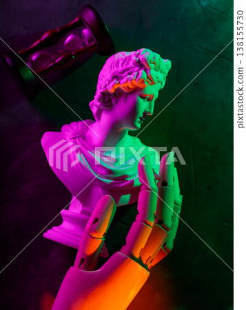 Classical statue with neon lighting and hourglass for time passage and modern art concept Classical statue with neon lighting and hourglass for time passage and modern art concept 138155730
