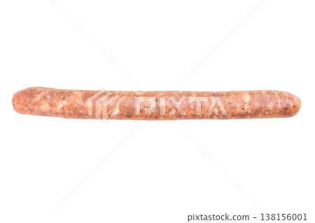 Raw fresh sausages arranged on white background. Uncooked pork meat links with visible fat and spices. Butcher style protein ingredient for grilling or barbecue. 138156001