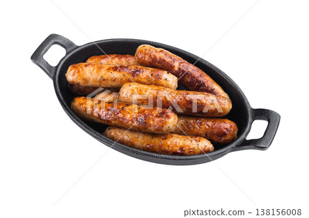 Fried sausage links in black cast iron skillet on white background. Golden browned pork meat sausages freshly cooked for meal or barbecue. Fried sausage links in black cast iron skillet on white background. Golden browned pork meat sausages freshly cooked for meal or barbecue. 138156008