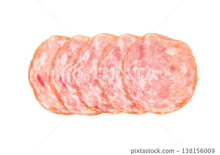 Sliced salami sausage isolated on white background. Italian cured pork salumi with marbled fat texture. Classic charcuterie deli cold cuts. Sliced salami sausage isolated on white background. Italian cured pork salumi with marbled fat texture. Classic charcuterie deli cold cuts. 138156009