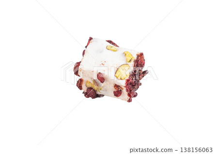 White pistachio lokum covered with dried cranberries. Gourmet jelly candy photographed from above, isolated. White pistachio lokum covered with dried cranberries. Gourmet jelly candy photographed from above, isolated. 138156063