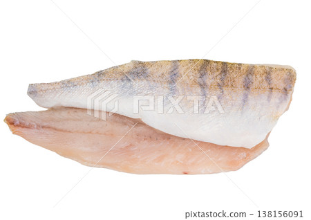 Raw pike perch fillets isolated on white background, one skin on and one skinless, fresh zander seafood ready for cooking. Raw pike perch fillets isolated on white background, one skin on and one skinless, fresh zander seafood ready for cooking. 138156091