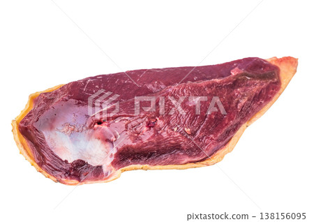 Raw duck breast gamebird with skin isolated on white background top view. Poultry game meat ingredient for cooking and searing. 138156095