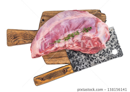 Raw lamb breast on wooden board with cleaver rosemary and garlic rustic butcher meat preparation with copy space top view Raw lamb breast on wooden board with cleaver rosemary and garlic rustic butcher meat preparation with copy space top view 138156141