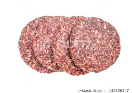 Fresh raw minced beef lamb cutlet for grill and barbecue. Round meat patty isolated on white background ready for cooking. Fresh raw minced beef lamb cutlet for grill and barbecue. Round meat patty isolated on white background ready for cooking. 138156147