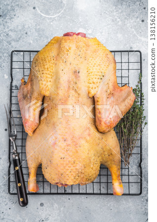 Raw goose carcass gamebird with skin on kitchen rack with thyme. Poultry game meat ingredient on light background top view. Raw goose carcass gamebird with skin on kitchen rack with thyme. Poultry game meat ingredient on light background top view. 138156210