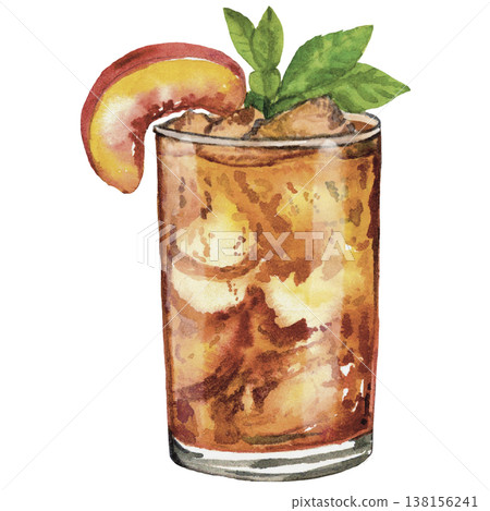 Iced Tea Cocktail Watercolor Citrus Drink with Peach and Lemon 138156241