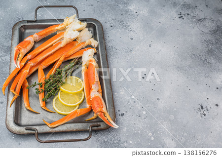 Premium king kamchatka crab legs cooked and cleaned on metal platter stone background seafood delicacy copy space Premium king kamchatka crab legs cooked and cleaned on metal platter stone background seafood delicacy copy space 138156276