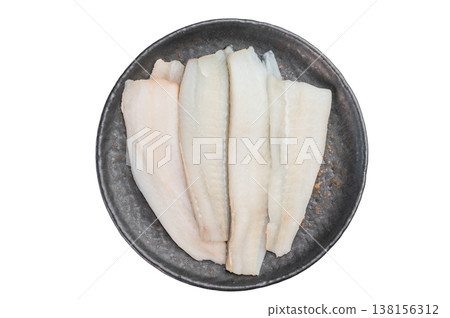 Raw white fish fillets such as cod hake or pollock on metal plate isolated on white background fresh seafood ingredient for cooking 138156312