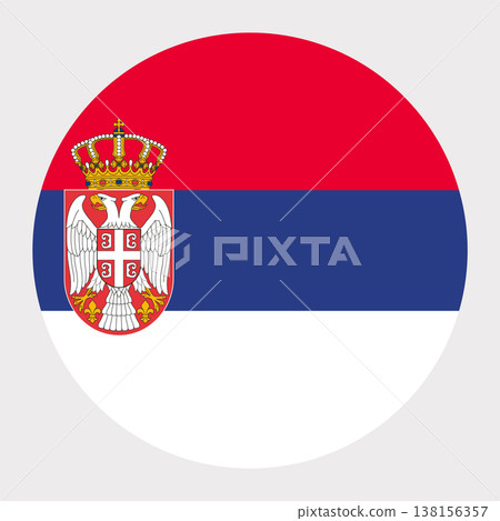 Circular vector illustration of the Serbian flag with coat of arms, isolated on grey background. Circular vector illustration of the Serbian flag with coat of arms, isolated on grey background. 138156357