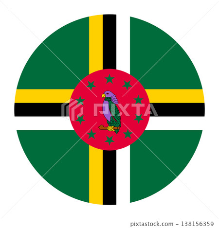 Circular vector illustration of the Dominica flag with Sisserou parrot, isolated on white background. 138156359