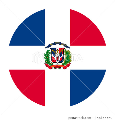 Circular vector illustration of the Dominican Republic flag with coat of arms, isolated on white background. Circular vector illustration of the Dominican Republic flag with coat of arms, isolated on white background. 138156360