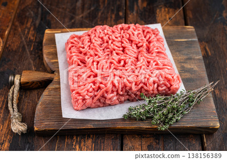 Raw ground beef mince meat portion on butcher board with parchment paper Raw ground beef mince meat portion on butcher board with parchment paper 138156389