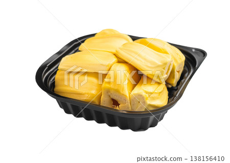 Ripe, golden yellow jackfruit pods (bulbs) served in a black plastic container, ready-to-eat, against a clean white background. Exotic tropical fruit. Ripe, golden yellow jackfruit pods (bulbs) served in a black plastic container, ready-to-eat, against a clean white background. Exotic tropical fruit. 138156410