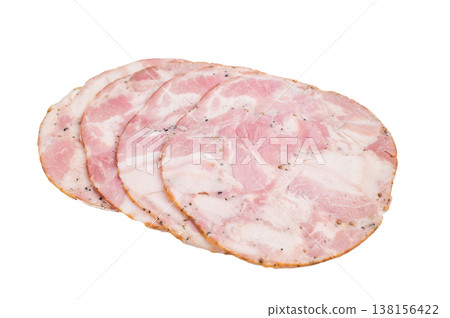 Italian Pancetta Arrotolata, seasoned with black pepper and isolated on a white background. Italian Pancetta Arrotolata, seasoned with black pepper and isolated on a white background. 138156422