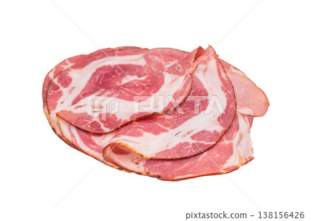 Authentic Italian cured coppa ham arranged on a bright white backdrop showcasing marbling perfect for culinary and food stock content. Authentic Italian cured coppa ham arranged on a bright white backdrop showcasing marbling perfect for culinary and food stock content. 138156426