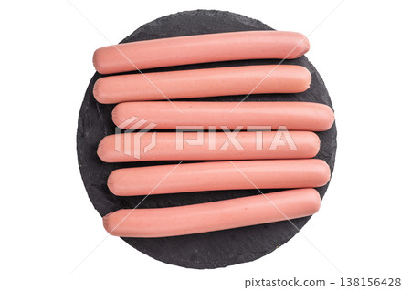 Raw pink hot dog sausages (frankfurters/wieners) on a clean white background. Essential, versatile image for food packaging and commercial use. Raw pink hot dog sausages (frankfurters/wieners) on a clean white background. Essential, versatile image for food packaging and commercial use. 138156428