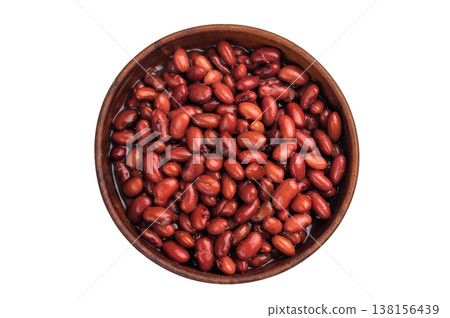 Red kidney beans in a natural wooden bowl on a bright white background. Healthy, protein-rich vegan food. Overhead. 138156439