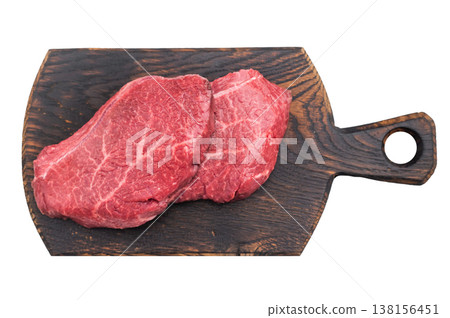 Fresh uncooked Wagyu chuck roll resembling karubi and angus chuck slices displayed on bright white surface ideal for gourmet meat photography. Fresh uncooked Wagyu chuck roll resembling karubi and angus chuck slices displayed on bright white surface ideal for gourmet meat photography. 138156451