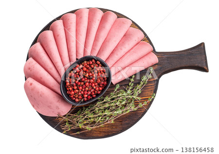 ologna or Mortadella slices fan folded and beautifully arranged on a dark, rustic wooden cutting board. ologna or Mortadella slices fan folded and beautifully arranged on a dark, rustic wooden cutting board. 138156458