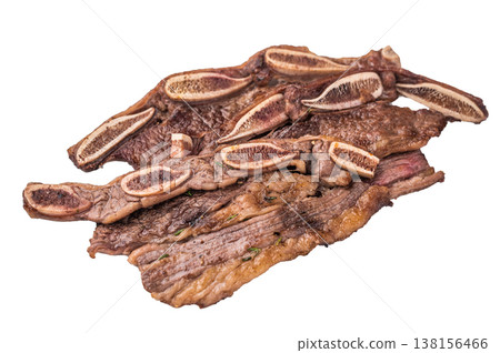 Cross-cut Galbi (Korean BBQ short rib) ready to eat. Isolated studio shot for menus, advertising, or recipe visuals. Cross-cut Galbi (Korean BBQ short rib) ready to eat. Isolated studio shot for menus, advertising, or recipe visuals. 138156466