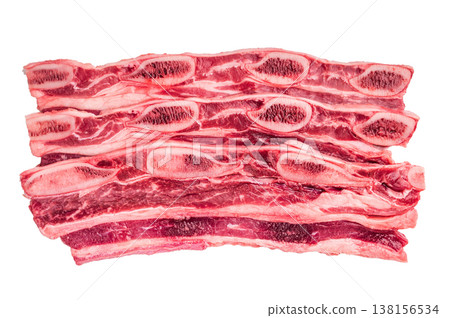 raw Flanken cut beef short rib (Kalbi/Galbi) on a clean white background. Perfect for grilling and marinade concepts. raw Flanken cut beef short rib (Kalbi/Galbi) on a clean white background. Perfect for grilling and marinade concepts. 138156534