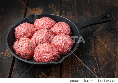 Fresh raw meatballs or Albondiga with thyme in cast iron skillet on rustic wooden background ideal for cooking, protein dishes and food prep themes. Fresh raw meatballs or Albondiga with thyme in cast iron skillet on rustic wooden background ideal for cooking, protein dishes and food prep themes. 138156548