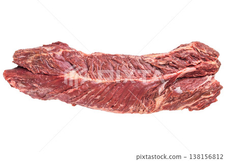 Raw beef hanger steak also known as onglet cut isolated on clean light background, rich red meat texture with fibers and marbling Raw beef hanger steak also known as onglet cut isolated on clean light background, rich red meat texture with fibers and marbling 138156812