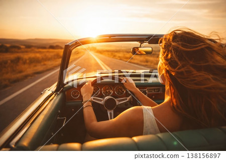 Woman driving convertible car on sunset road travel freedom lifestyle concept Woman driving convertible car on sunset road travel freedom lifestyle concept 138156897