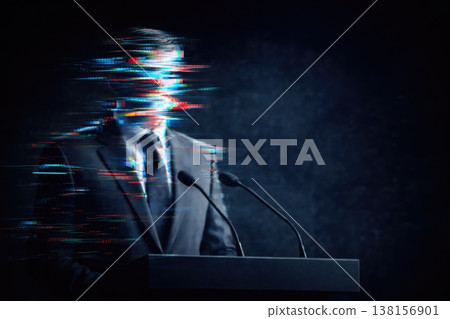 Anonymous politician glitch effect digital identity cybersecurity concept 138156901