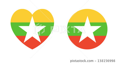 Flag of Myanmar icon. Set of heart shaped, round national flag of Myanmar background, sticker. Heart, circle flag of Myanmar badge, button. Banner flag Myanmar. 138156998