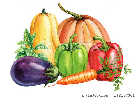 Pumpkins eggplant bell peppers carrot and mint watercolor vegetable arrangement isolated on light background Pumpkins eggplant bell peppers carrot and mint watercolor vegetable arrangement isolated on light background 138157001