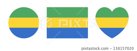 Gabon flag rectangle, heart shaped, circle badge, sticker. Set of flag rounded, rectangular, heart button, icon. National flag of Gabon banner, background. Gabon flag rectangle, heart shaped, circle badge, sticker. Set of flag rounded, rectangular, heart button, icon. National flag of Gabon banner, background. 138157020