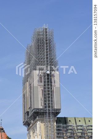 Scaffolding on Zagreb Cathedral tower during renovation Scaffolding on Zagreb Cathedral tower during renovation 138157094