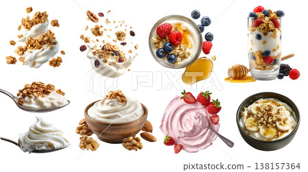 Collection of nutrient-dense fermented dairy, yoghurt yogurt set, with honey maple fruit nut syrup granola oats seed, spoon bowl, flying, flavoured, transparent cutout PNG. Many style for Mockup 138157364