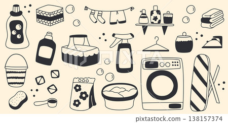 Hand-drawn set of washing and ironing attributes 138157374