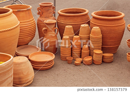Earth ware pots and jars outside 138157379