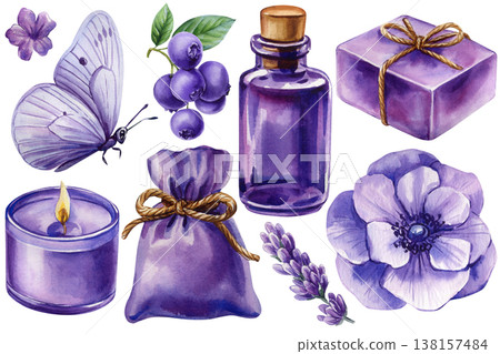 Lavender spa watercolor clipart set with bottle candle sachet soap butterfly and purple flower isolated background Lavender spa watercolor clipart set with bottle candle sachet soap butterfly and purple flower isolated background 138157484