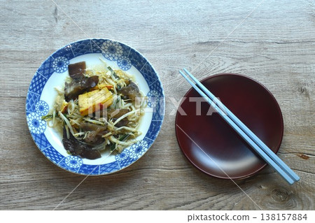 fried bean sprout with slice yellow tofu and black ear mushroom Chinese vegetarian food on plate  138157884