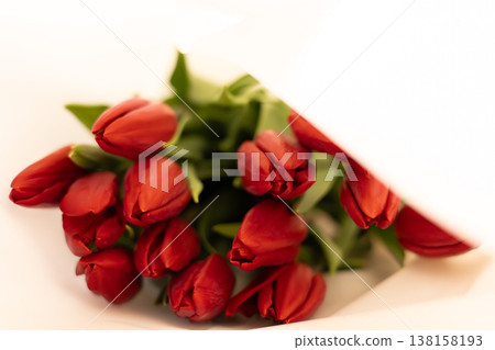 Bouquet of red tulips in white paper wrapping on a soft blurred background. Floral gift for Spring, Mother's Day, International Women's Day designs. 138158193