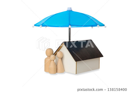 A family stands under an umbrella by a small house, isolated, PNG 138158400