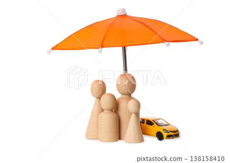 Wood figures by a toy car under an orange umbrella, isolated, PNG Wood figures by a toy car under an orange umbrella, isolated, PNG 138158410