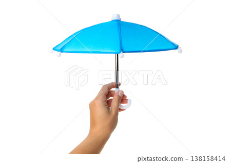 Person holds a blue umbrella for shade from sunlight, isolated, PNG 138158414