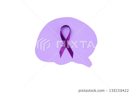 Purple brain with ribbon for mental health, isolated on white, PNG Purple brain with ribbon for mental health, isolated on white, PNG 138158422