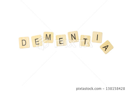 Wooden tiles spell dementia artistically, isolated on white, PNG 138158428