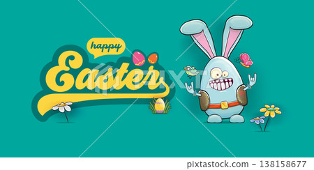 Happy Easter horizontal banner. Funny cartoon rock and roll bunny egg character with metal horns hand sign on turquoise background. Creative spring Easter holiday vector illustration 138158677